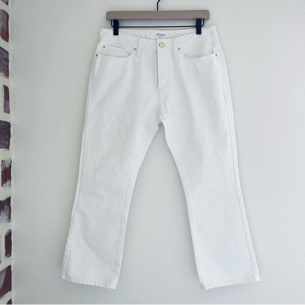 Sezane Denim High Waisted Cropped Baby Boot Cotton Jeans In White Size 31